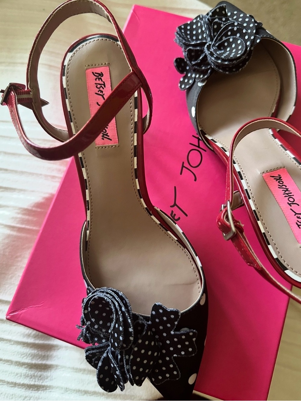 Betsey Johnson Black Polka Dot Floral Slingback Heels with Red Straps